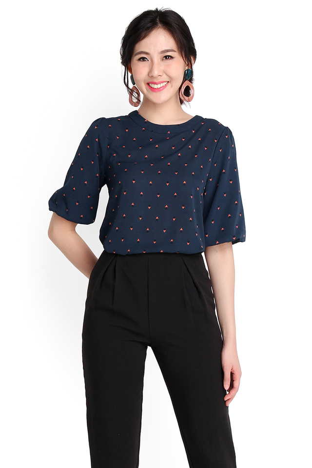 Geometric Puzzle Top In Blue Prints