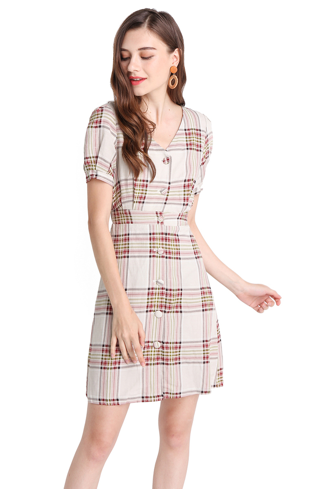 Castle On The Hill Dress In Sand Plaid