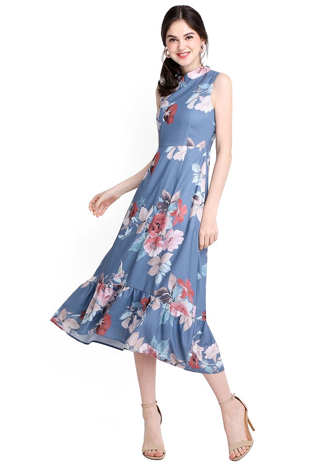 Oriental Blooms Dress In Blue Florals