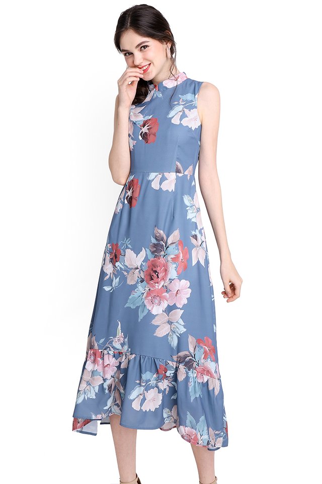 Oriental Blooms Dress In Blue Florals