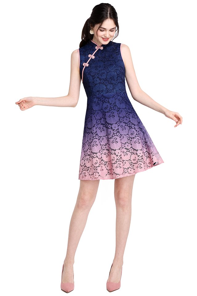 Song Of Spring Cheongsam Dress In Blue Pink