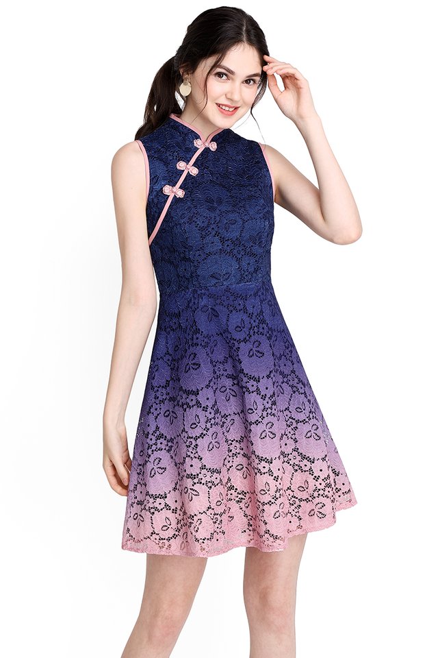 Song Of Spring Cheongsam Dress In Blue Pink