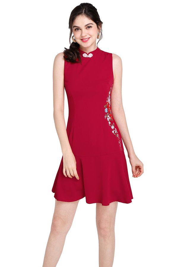 Cascading Blossoms Cheongsam Dress In Festive Red