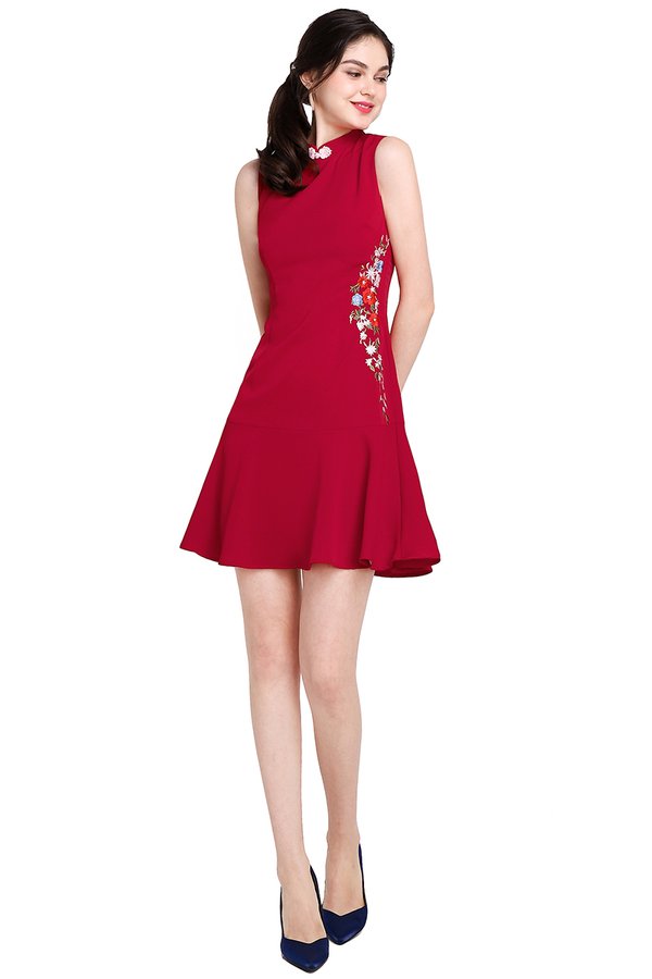 Cascading Blossoms Cheongsam Dress In Festive Red