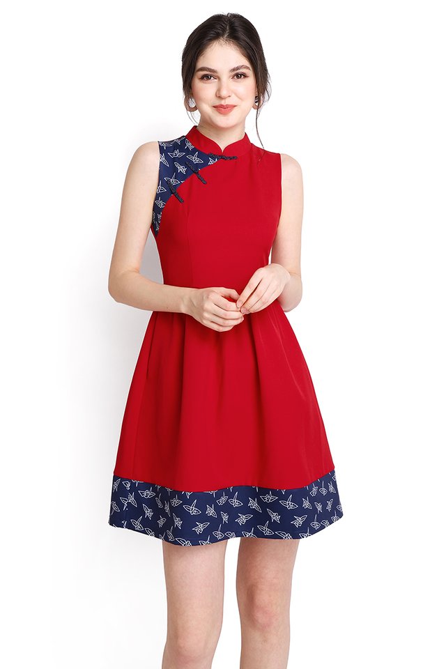 Origami Crane Cheongsam Dress In Festive Red
