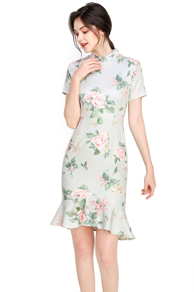 Camellia Chronicles Cheongsam Dress In Jade Florals