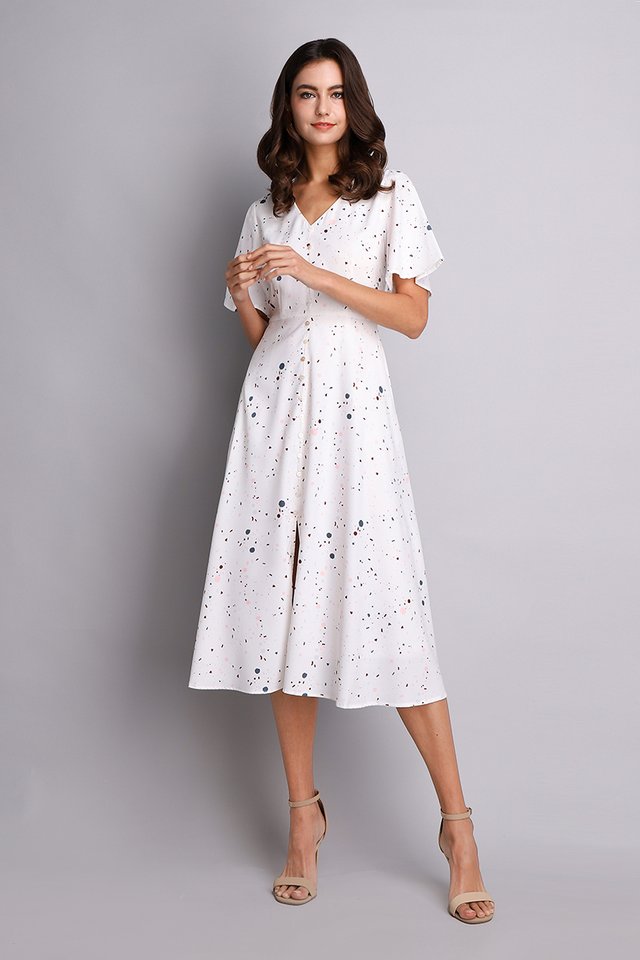 Here Comes Sassy Dress In White Prints