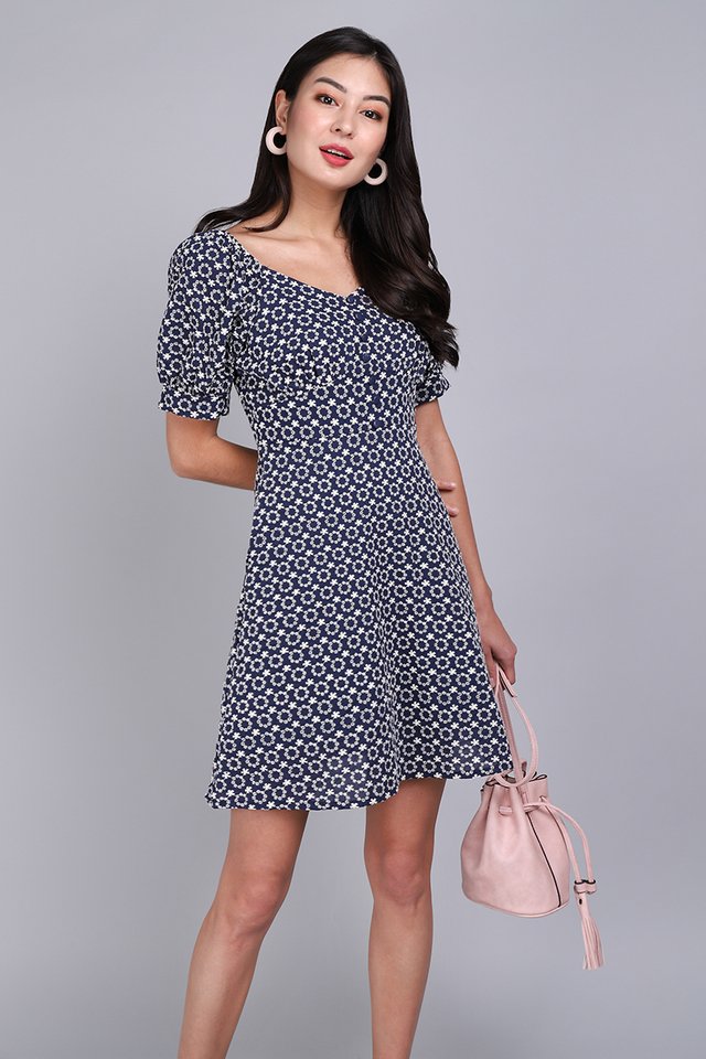 Love At First Stitch Dress In Navy Blue
