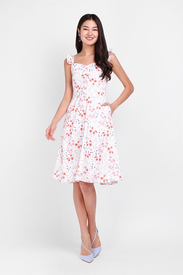 Flowery Flounce Dress In Coral Blooms