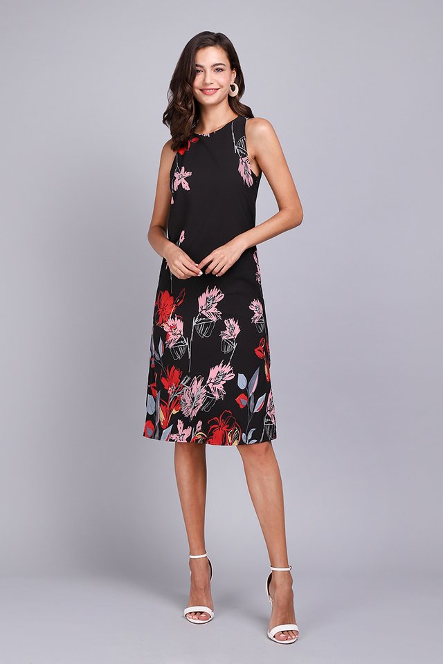 Pattern Party Dress In Black Florals