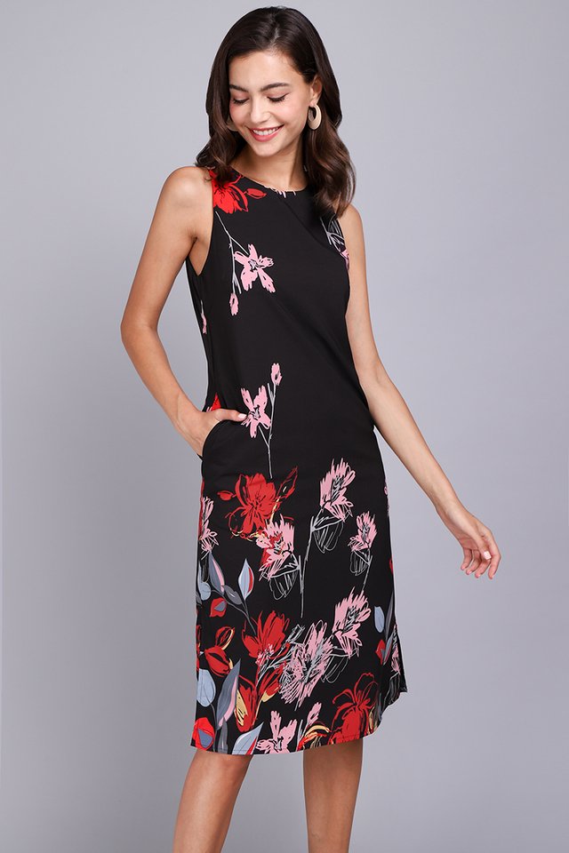 Pattern Party Dress In Black Florals