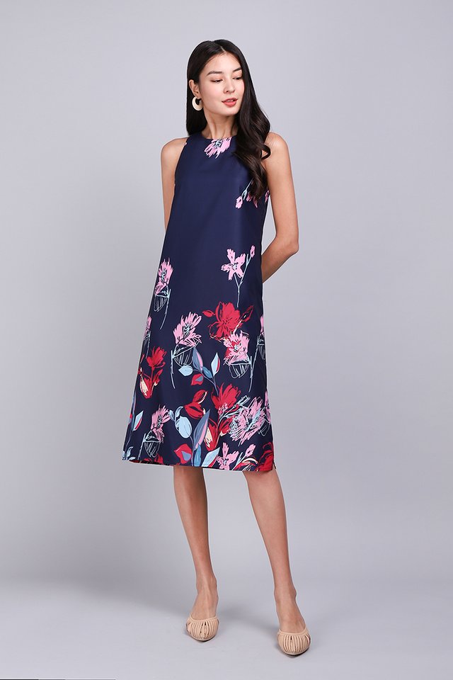 Pattern Party Dress In Blue Florals