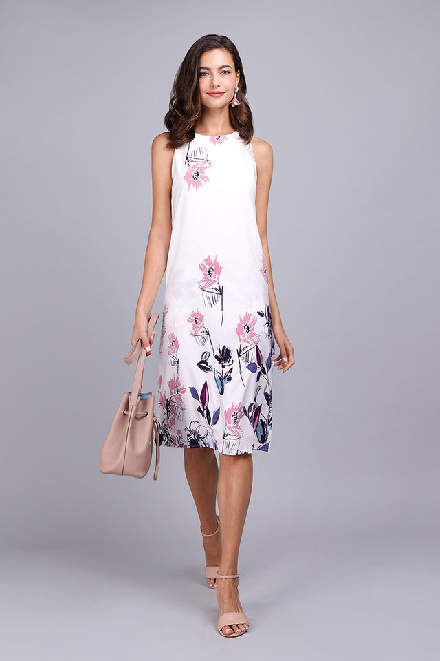 Pattern Party Dress In White Florals