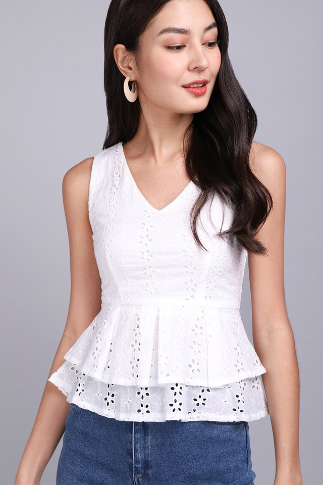 Girl About Town Top In White Eyelet