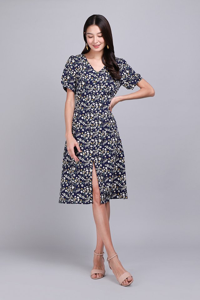 Midnight Enchantment Dress In Blue Florals