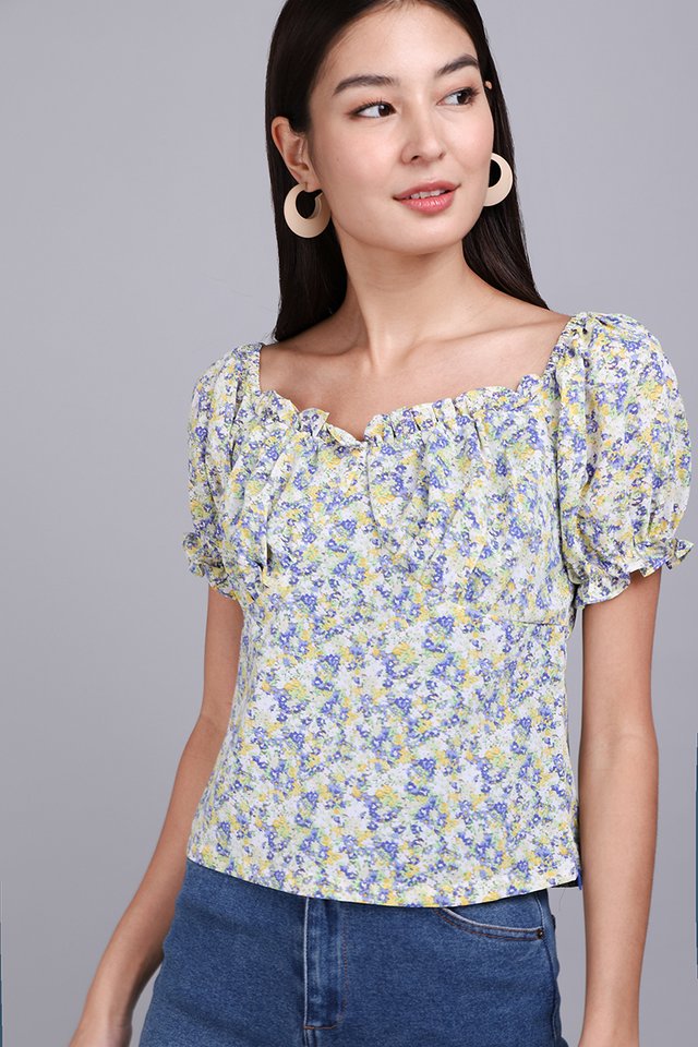 Floret Flowers Top In Yellow Blue