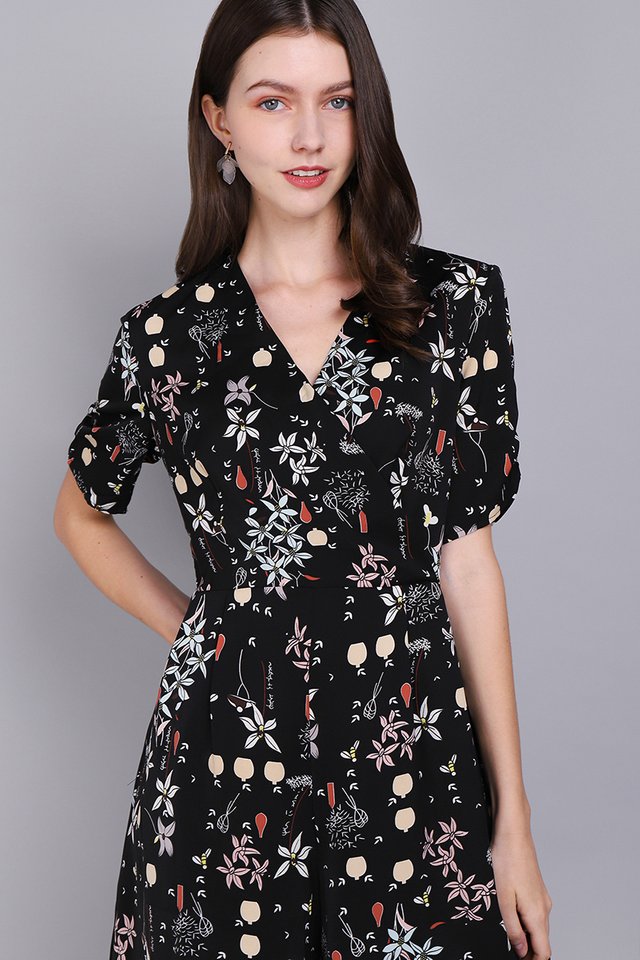 Brimming With Sunshine Romper In Black Florals