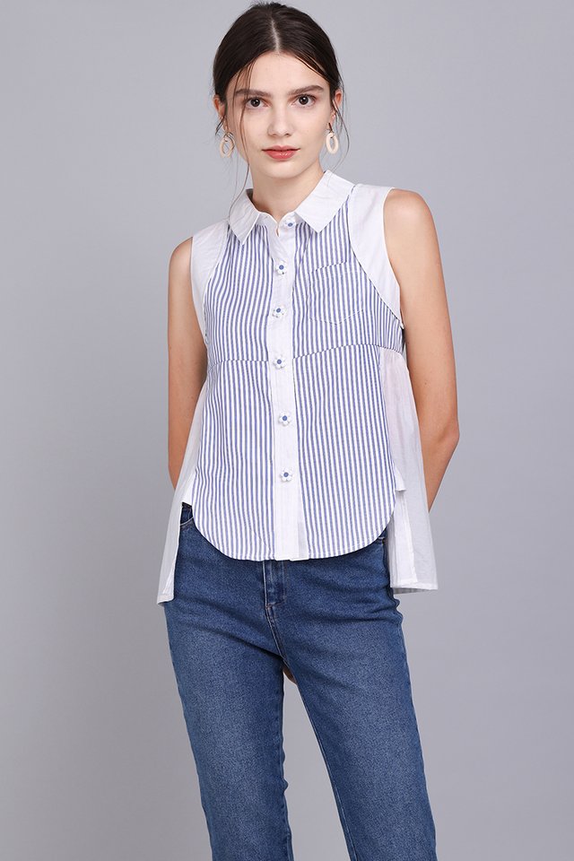 Sunny Daisies Top In Blue Stripes
