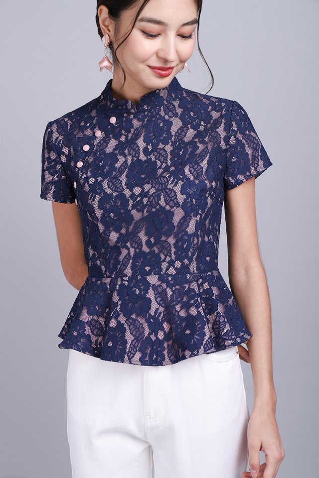 To Have And To Hold Cheongsam Top In Navy Lace