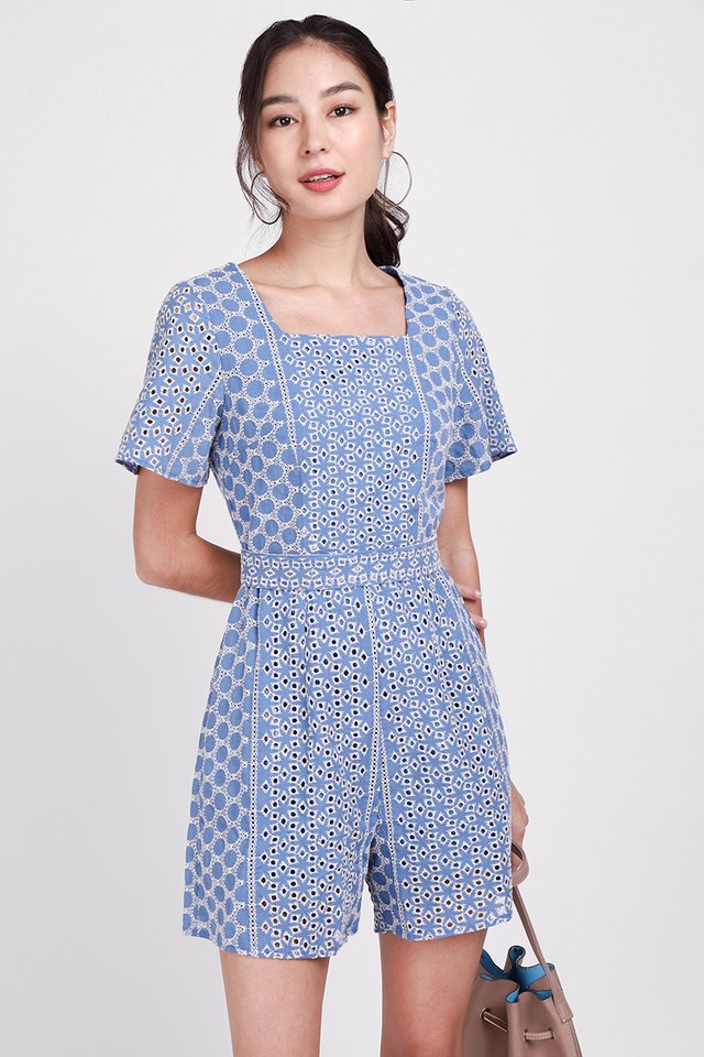Intricacies Of Time Romper In Blue Eyelet