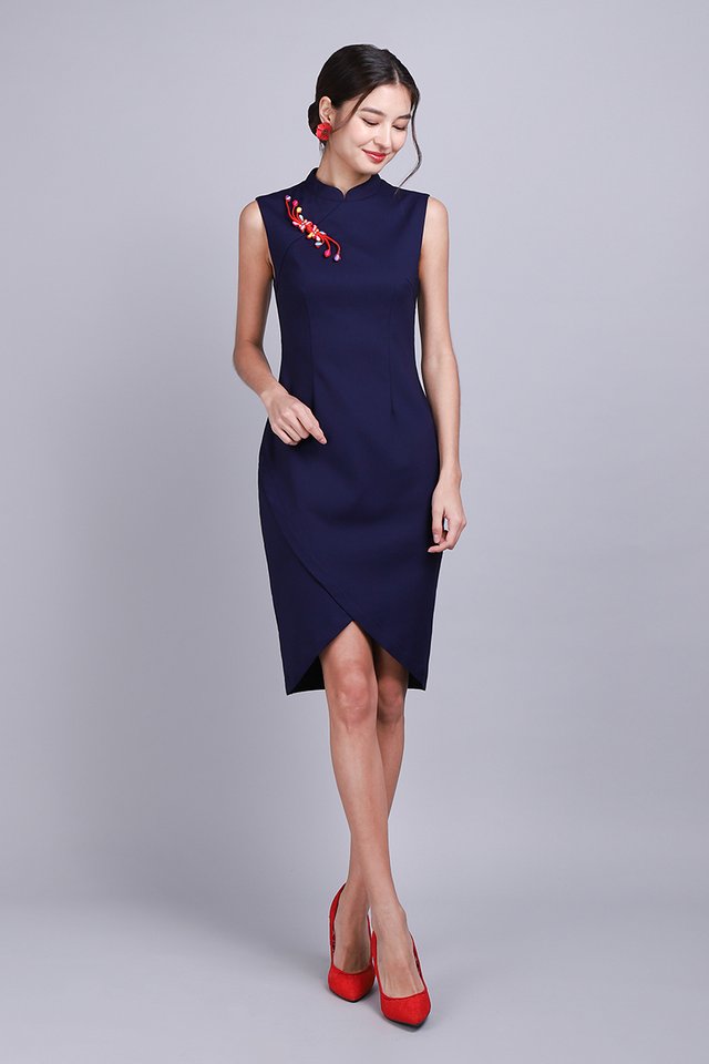 Picture Perfect Cheongsam Dress In Navy Blue