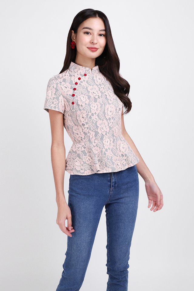 To Have And To Hold Cheongsam Top In Pink Lace