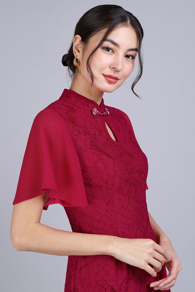 Lace Finesse Cheongsam Dress In Wine Red