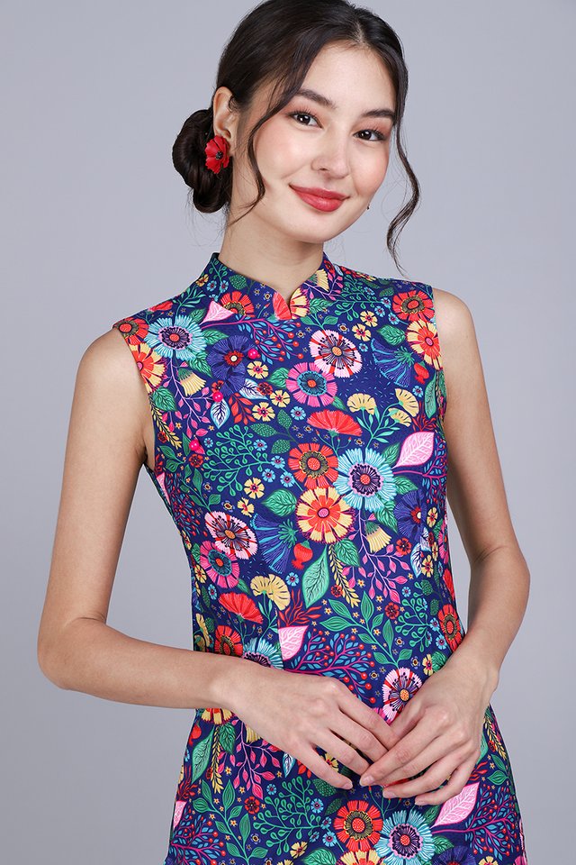 Oriental Spring Cheongsam Dress In Blue Florals