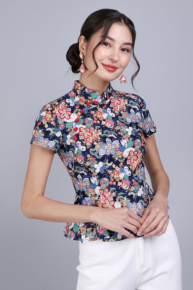 To Have And To Hold Cheongsam Top In Navy Prints