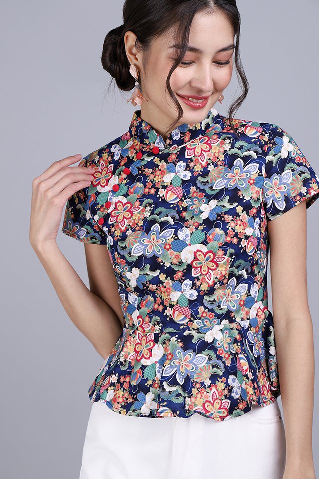 To Have And To Hold Cheongsam Top In Navy Prints