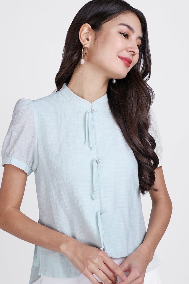 Exquisite Pearls Cheongsam Top In Tiffany Blue